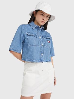 Ženske Tommy Hilfiger Badge Cropped Short Sleeve Denim Košulje Denim Plava | TH174KGU