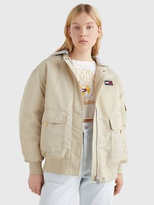 Ženske Tommy Hilfiger Badge Hooded Bomber Jakna Bež | TH810QVW