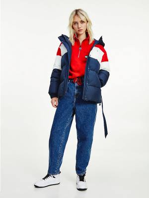 Ženske Tommy Hilfiger Colour-Blocked Belted Down Puffer Jakna Plava | TH576VXI