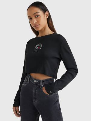 Ženske Tommy Hilfiger Cropped Logo Embroidery Long Sleeve Majice Crna | TH189QBD