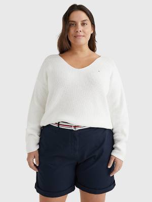 Ženske Tommy Hilfiger Curve Contrast Knit Relaxed Fit V-Neck Jumper Džemper Bela | TH138GQV