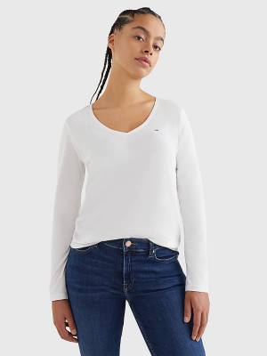 Ženske Tommy Hilfiger Essential V-Neck Long Sleeve Majice Bela | TH132NDG