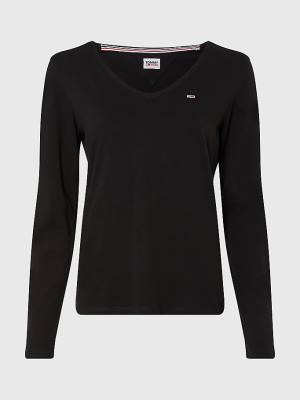 Ženske Tommy Hilfiger Essential V-Neck Long Sleeve Majice Crna | TH824ZYA