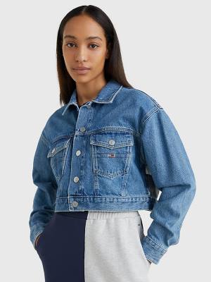 Ženske Tommy Hilfiger Hemp Denim Cropped Trucker Jakna Denim Plava | TH390DBR