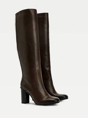 Ženske Tommy Hilfiger Leather Square Toe High Heel Čizme Braon | TH615BCS