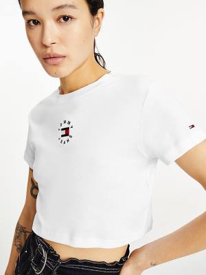 Ženske Tommy Hilfiger Logo Embroidery Cropped Majice Bela | TH824NZH