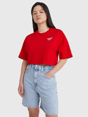 Ženske Tommy Hilfiger Logo Tape Oversized Cropped Majice Crveni | TH962NJC