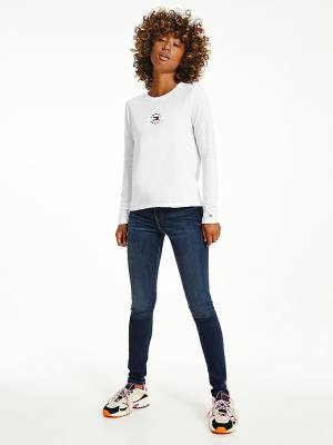 Ženske Tommy Hilfiger Long Sleeve Logo Slim Fit Majice Bela | TH136QAS