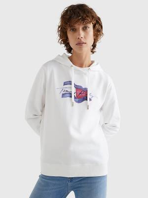 Ženske Tommy Hilfiger Motion Flag Logo Duks Hoodie Bela | TH594CXF