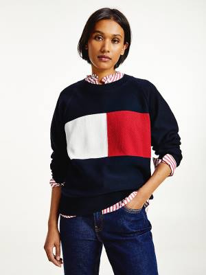 Ženske Tommy Hilfiger Organic Cotton Colour-Blocked Flag Jumper Džemper Plava | TH980PXH