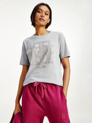 Ženske Tommy Hilfiger Organic Cotton Crystal Monogram Majice Siva | TH086ELD