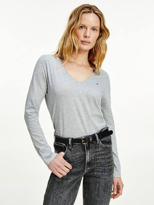 Ženske Tommy Hilfiger Organic Cotton Long Sleeve V-Neck Majice Siva | TH413FUR