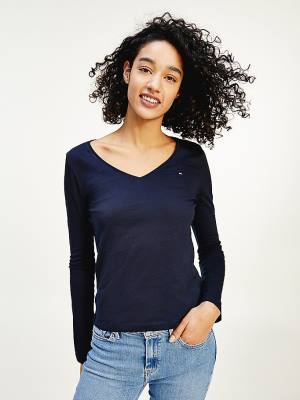 Ženske Tommy Hilfiger Organic Cotton Long Sleeve V-Neck Majice Plava | TH726PCS