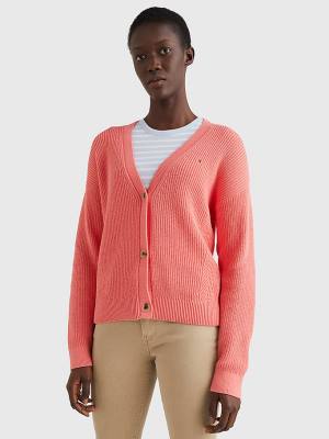 Ženske Tommy Hilfiger Organic Cotton V-Neck Relaxed Fit Cardigan Džemper Crveni | TH163VLR