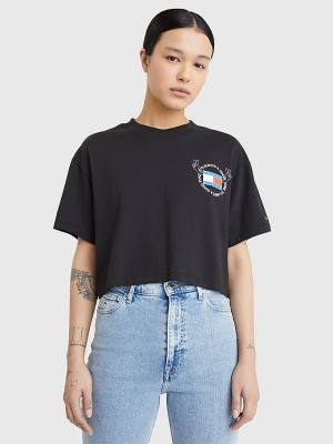 Ženske Tommy Hilfiger Oversized Cropped Slogan Majice Crna | TH769ZXB