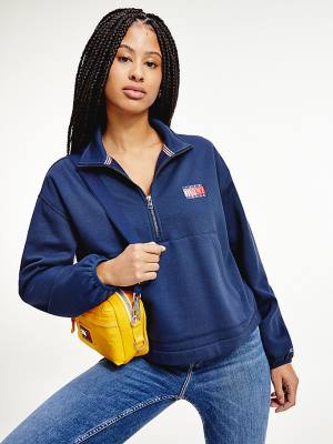 Ženske Tommy Hilfiger Relaxed Timeless Tommy Logo Half-Zip Sweatshirt Duks Hoodie Plava | TH063QWH