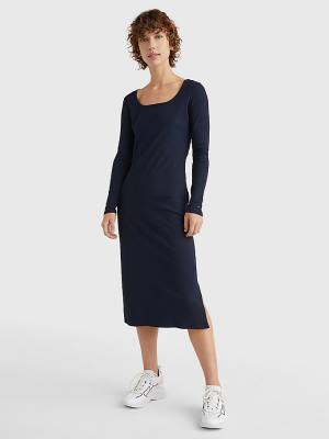 Ženske Tommy Hilfiger Rib Square Neck Slim Midi Haljine Plava | TH918EDX