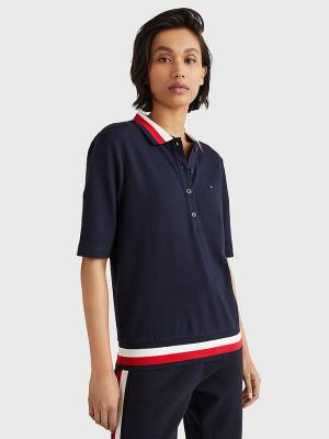 Ženske Tommy Hilfiger Signature Detail Half-Sleeve Polo Majice Plava | TH016SZQ