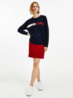 Ženske Tommy Hilfiger Signature Embroidery Organic Cotton Jumper Džemper Plava | TH497PKN