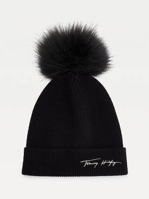 Ženske Tommy Hilfiger Signature Pom Pom Beanie Kape Crna | TH294OMN