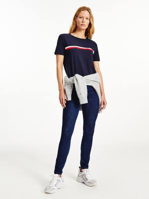 Ženske Tommy Hilfiger Signature Tape Crew Neck Majice Plava | TH581CZX