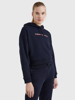 Ženske Tommy Hilfiger Sport Logo Relaxed Fit Duks Hoodie Plava | TH132IER