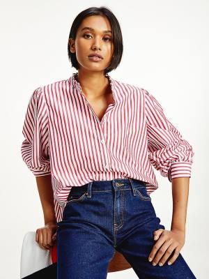 Ženske Tommy Hilfiger Stripe Relaxed Fit Frill Bluze Crveni | TH261KRD