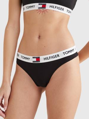 Ženske Tommy Hilfiger Tommy 85 Stretch Cotton Logo Thong Donji veš Crna | TH576HUQ