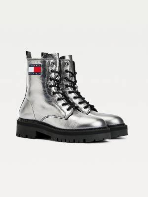 Ženske Tommy Hilfiger Tommy Badge Metallic Leather Cleat Čizme Siva | TH468QOL